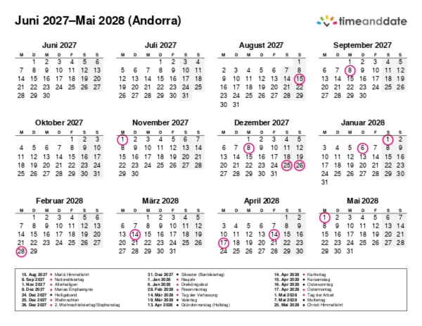 Kalender für 2027 in Andorra