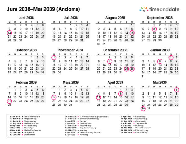 Kalender für 2038 in Andorra