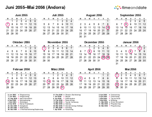 Kalender für 2055 in Andorra