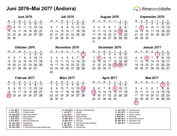 Kalender für 2076 in Andorra