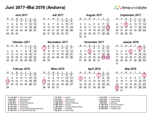 Kalender für 2077 in Andorra