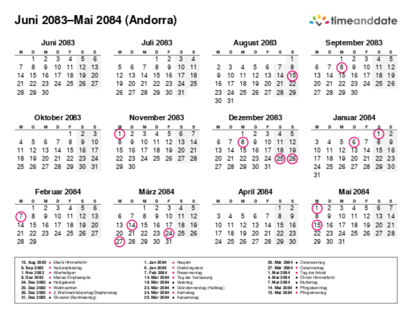 Kalender für 2083 in Andorra