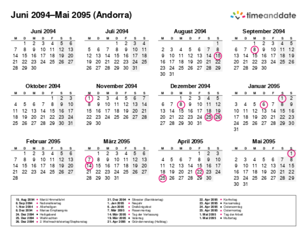 Kalender für 2094 in Andorra
