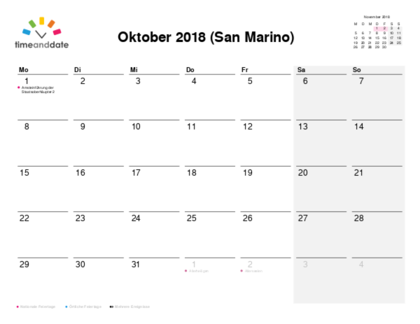 Kalender für 2018 in San Marino