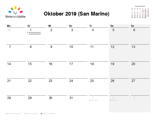 Kalender für 2019 in San Marino