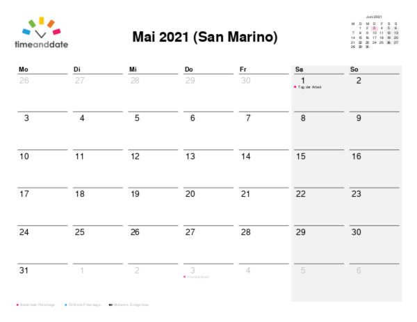 Kalender für 2021 in San Marino