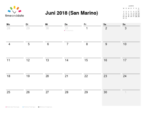 Kalender für 2018 in San Marino