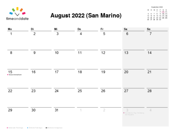 Kalender für 2022 in San Marino