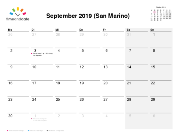 Kalender für 2019 in San Marino