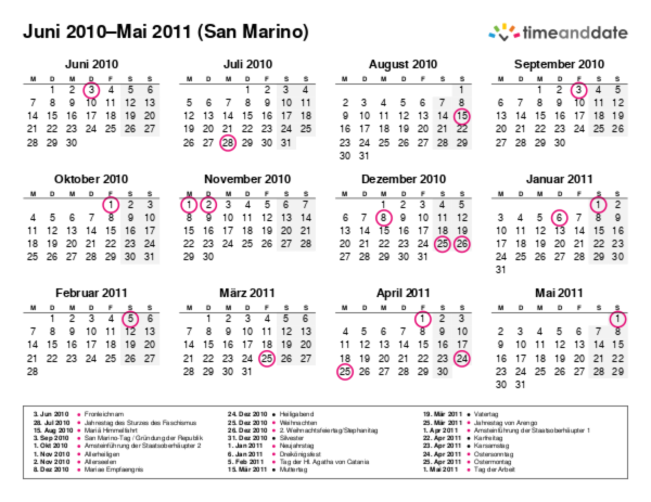 Kalender für 2010 in San Marino