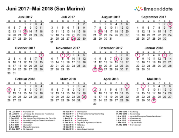 Kalender für 2017 in San Marino