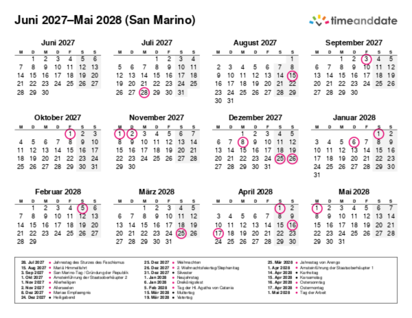 Kalender für 2027 in San Marino