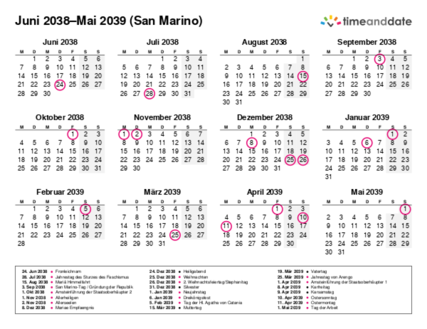 Kalender für 2038 in San Marino