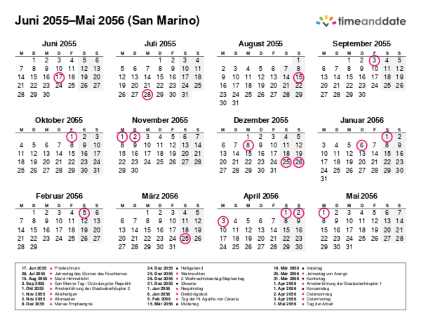 Kalender für 2055 in San Marino