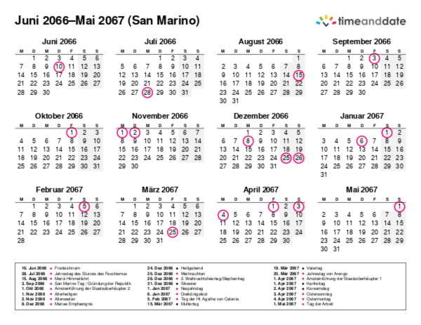 Kalender für 2066 in San Marino
