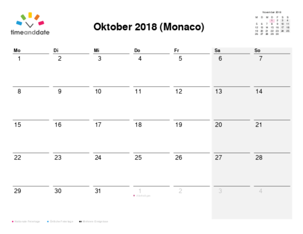 Kalender für 2018 in Monaco