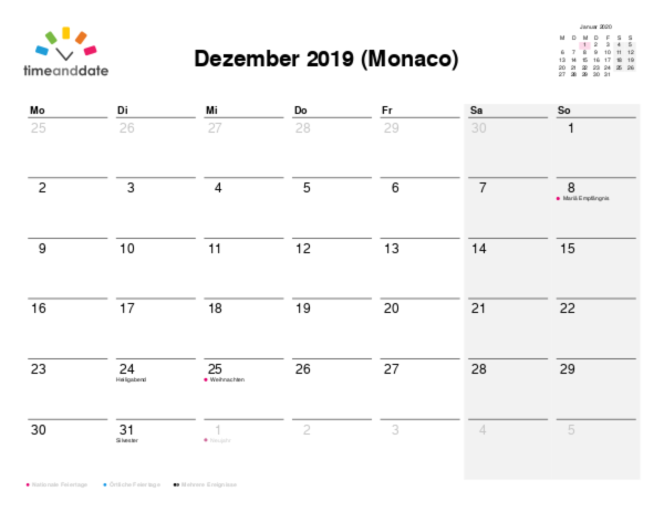 Kalender für 2019 in Monaco