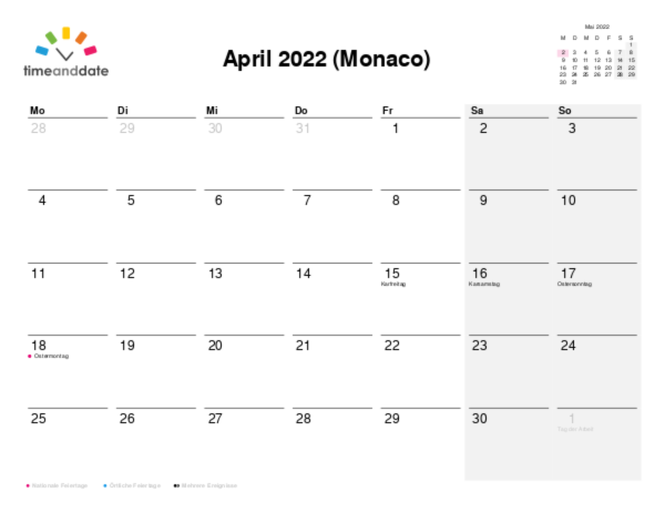 Kalender für 2022 in Monaco