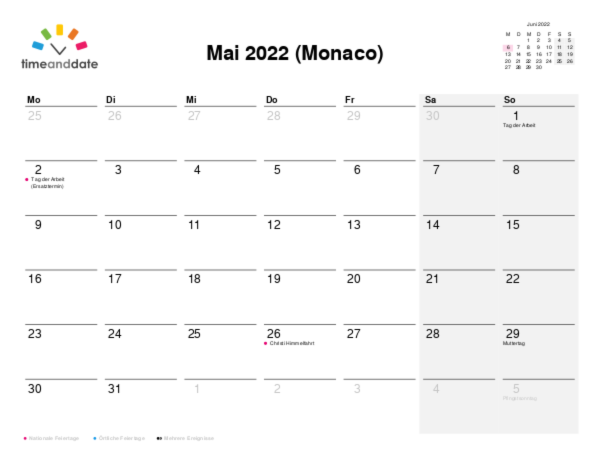 Kalender für 2022 in Monaco