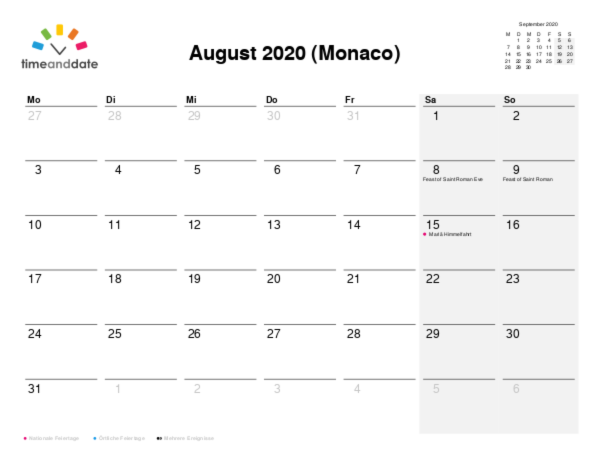 Kalender für 2020 in Monaco