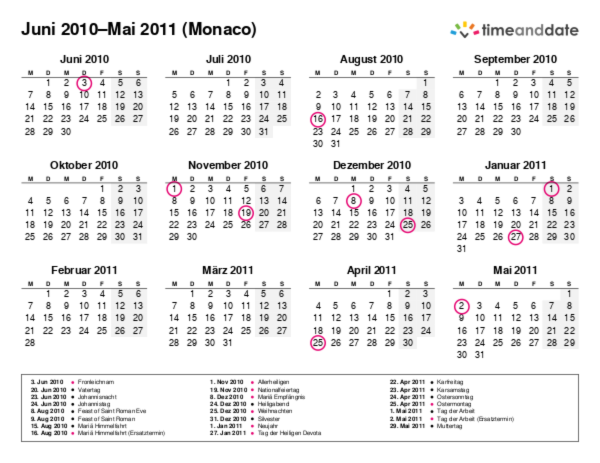 Kalender für 2010 in Monaco