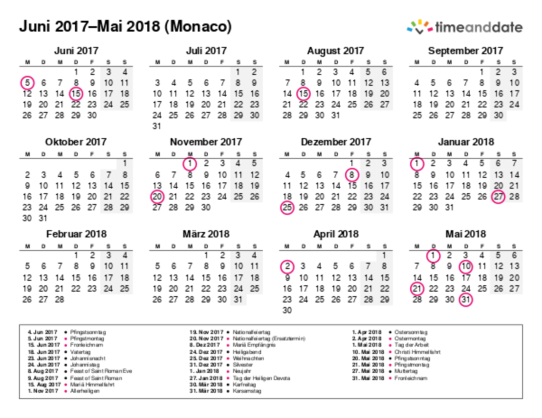 Kalender für 2017 in Monaco