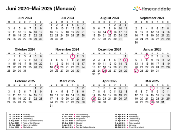 Kalender für 2024 in Monaco