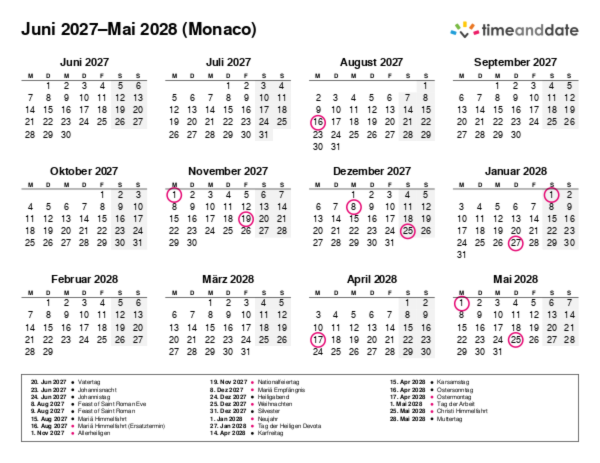 Kalender für 2027 in Monaco