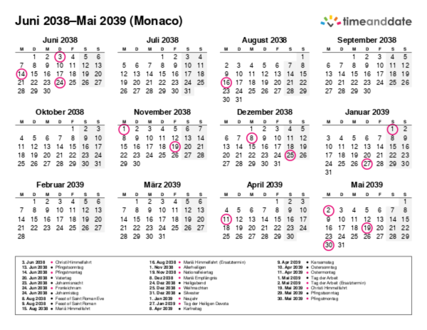Kalender für 2038 in Monaco