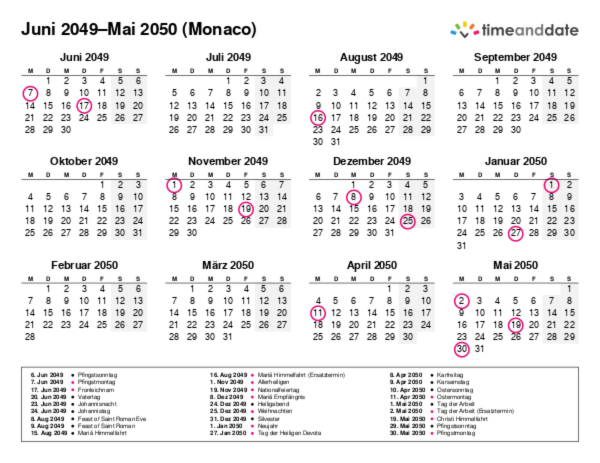 Kalender für 2049 in Monaco