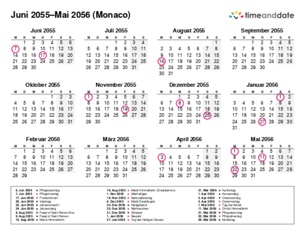 Kalender für 2055 in Monaco