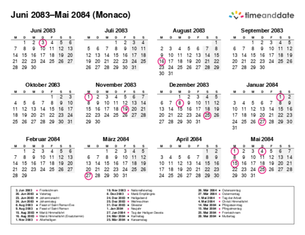Kalender für 2083 in Monaco