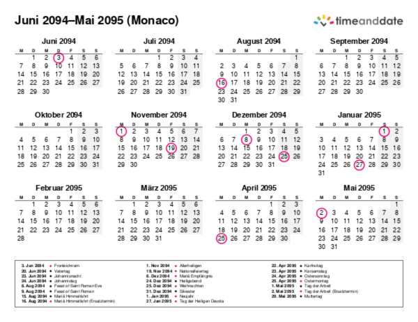 Kalender für 2094 in Monaco