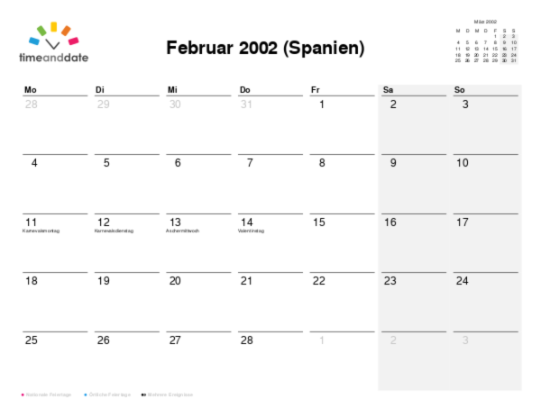 Kalender für 2002 in Spanien