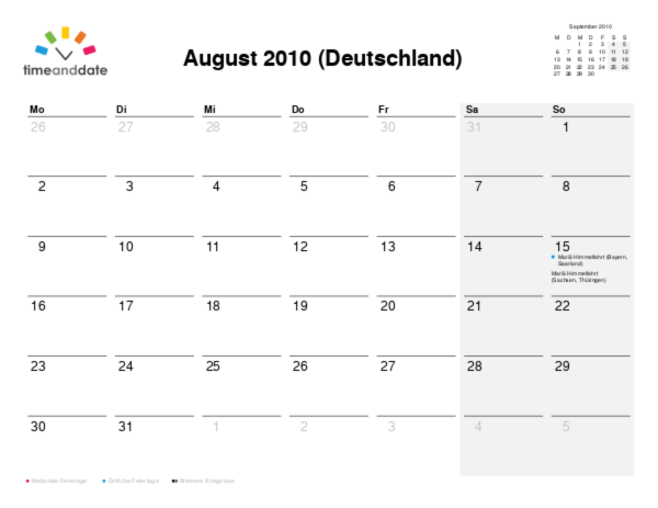 Kalender für 2010 in Deutschland