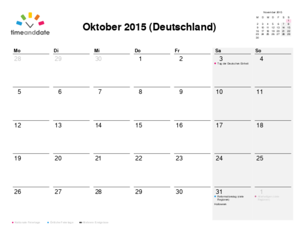 Kalender für 2015 in Deutschland
