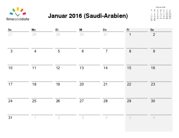 Kalender für 2016 in Saudi-Arabien
