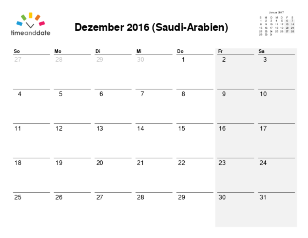 Kalender für 2016 in Saudi-Arabien
