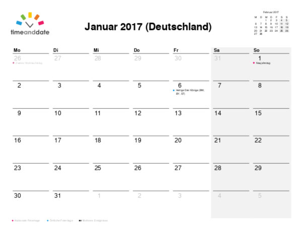 Kalender für 2017 in Deutschland