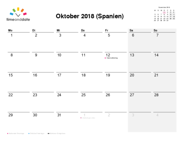 Kalender für 2018 in Spanien
