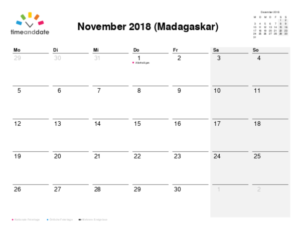 Kalender für 2018 in Madagaskar