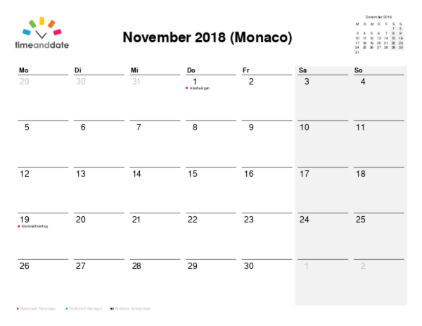 Kalender für 2018 in Monaco