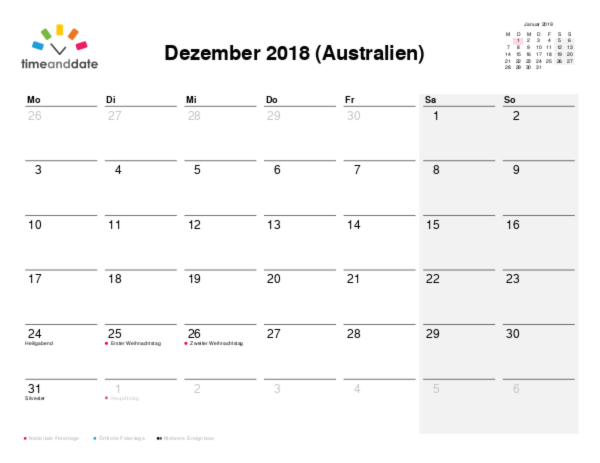 Kalender für 2018 in Australien
