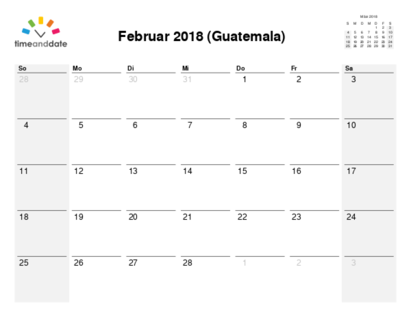 Kalender für 2018 in Guatemala