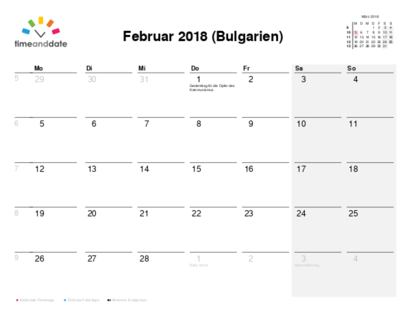Kalender für 2018 in Bulgarien