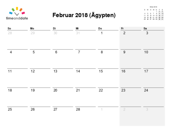 Kalender für 2018 in Ägypten