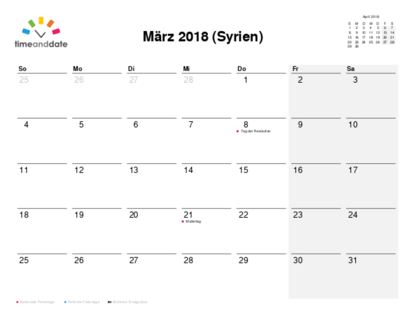 Kalender für 2018 in Syrien