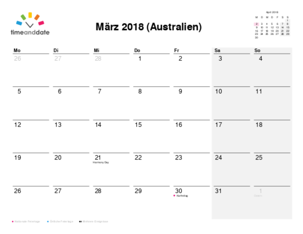 Kalender für 2018 in Australien