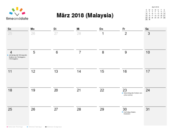 Kalender für 2018 in Malaysia