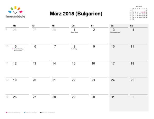 Kalender für 2018 in Bulgarien